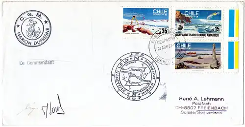 Chile Antarktis 1987, 3 Polarmarken auf Marion Dufresne Brief m. Unterschrift