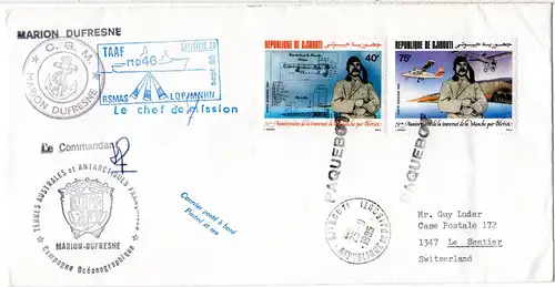 Djibouti Antarktis 1985, 2 Marken auf Marion Dufresne Brief m. Unterschrift