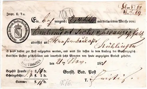 DR 1871, Baden Postschein m. nachverw. Postablage Stpl. BONNDORF PA Grafenhausen