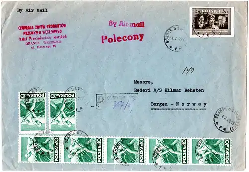 Polen 1949, 5+7x10 Zl. auf Einschreiben Luftpost Brief v. Danzig n. Norwegen