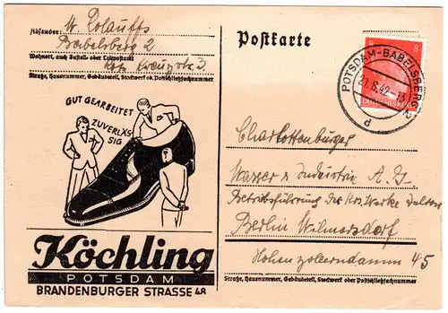 DR 1942, 8 Pf. auf illustrierter Firmenkarte v. Potsdam-Babelsberg 2