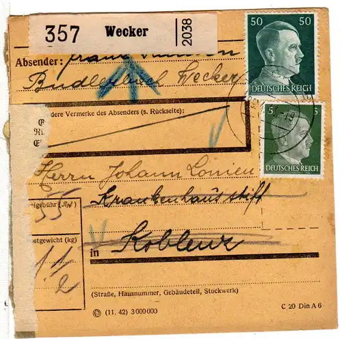 Luxemburg DR 1943, 50+5 Pf. auf Paketkarte v. Wecker n. Koblenz m. Rücksendung