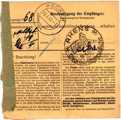 Luxemburg DR 1943, 50+5 Pf. auf Paketkarte v. Wecker n. Koblenz m. Rücksendung