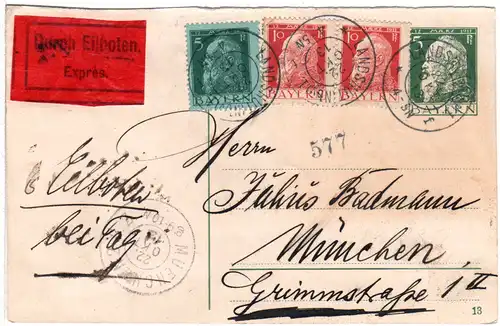 Bayern 1913, 5+2x10 auf 5 Pfg. Frageteil Ganzsache per Eilboten v. Landshut