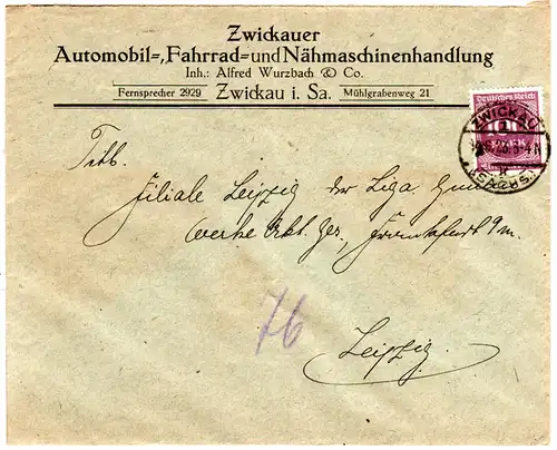 DR 1923, 100 Mk. auf Umschlag Zwickauer Automobil-, Fahrrad- u. Nähmaschinenhdlg