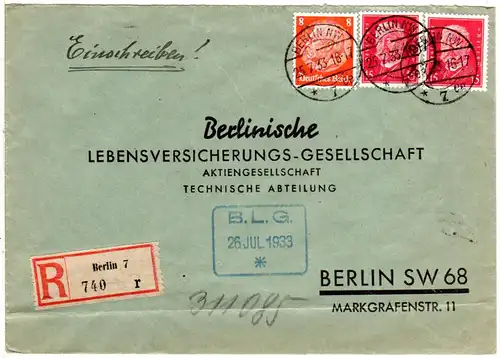 DR 1933, 8+2x15 Pf. auf portorichtigem Orts-Einschreiben Brief v. Berlin 7