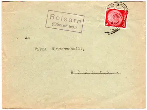 DR 1936, Landpost Stpl. REISERN (Oberschles.) auf Bahnpost Brief m. 12 Pf. 