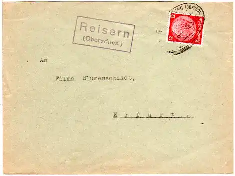 DR 1936, Landpost Stpl. REISERN (Oberschles.) auf Bahnpost Brief m. 12 Pf.