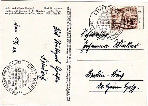 DR 1938, Sonder Stpl. Briefmarkenausstellung Stuttgart auf Karte m. 3 Pf. WHW