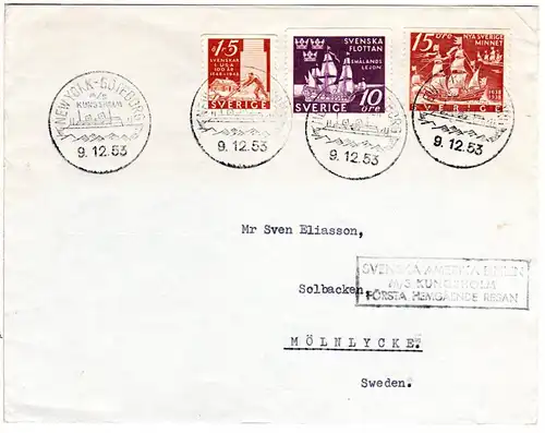 Schweden 1953, 3 Marken auf Schiffspost Brief NewYork-Göteborg M/S Kungsholm