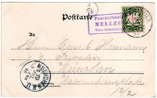 Bayern 1898, R3 Posthilfstelle MELLECK Taxe Schneizlreuth auf sw-AK m. 5 Pf.
