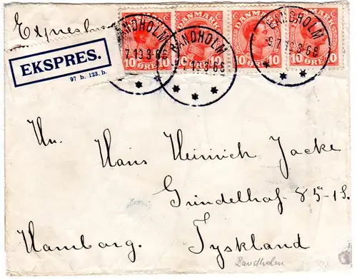 Dänemark 1919, MeF 4x10 öre auf Express Brief v. BANDHOLM n. Deutschland