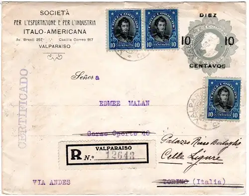 Chile 1915, 3x10 C. Zusatzfr. auf 10/5 C. Reko Ganzsache Brief m. Italien Zensur