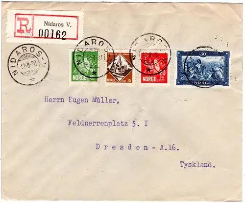 Norwegen 1930, 4 Marken auf Trondheim Reko-Brief m. Stpl. NIDAROS V.