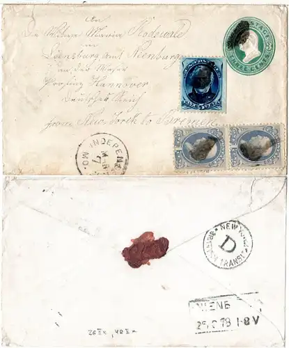 USA 1878, 5+Paar 1 C. auf 3 C. Ganzsache Brief v. Independence n. Deutschland