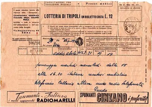Italien 1936, Telegramm v. Bellaria m. viel Werbung, u.a. Käse, Radio, Cinzano..