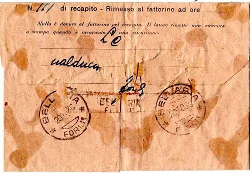 Italien 1936, Telegramm v. Bellaria m. viel Werbung, u.a. Käse, Radio, Cinzano..