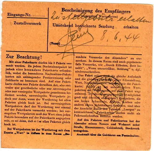 Luxemburg DR 1944, 50+20 Pf. auf Paketkarte v. Luxemburg-Limpertsberg