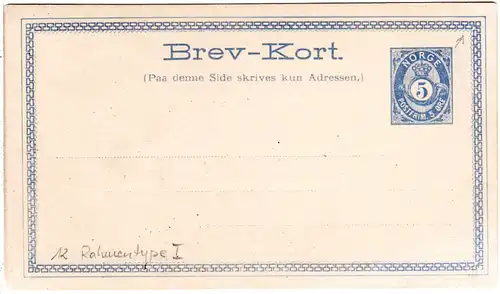 Norwegen P 12, ungebr. 5 öre Ganzsache Karte m. Rahmentype I