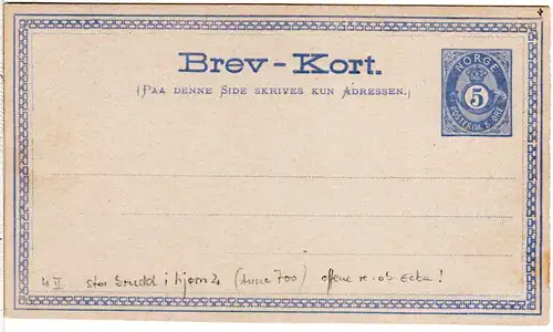 Norwegen P 4 II, ungebr. 5 öre Ganzsache Karte m. offenem Rahmen oben rechts