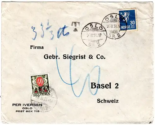 Norwegen 1930, 30 öre auf Brief v. Oslo n. Basel m. Schweiz 40 C. Portomarke
