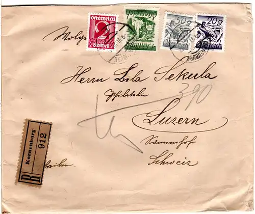 Österreich 1928, 4 Marken auf Einschreiben Brief v. KORNEUBURG i.d. Schweiz