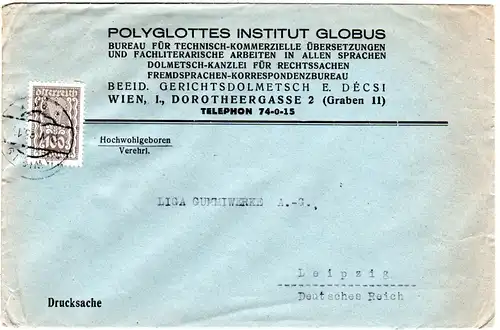 Österreich 1923, 100 Kr. auf Umschlag Polyglottes Institut Globus v. Wien