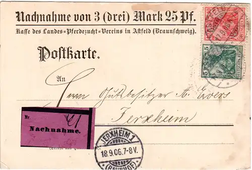 DR 1906, 5+10 Pf auf Nachnahme Karte Pferdezucht Verein Astfeld (Braunschweig)