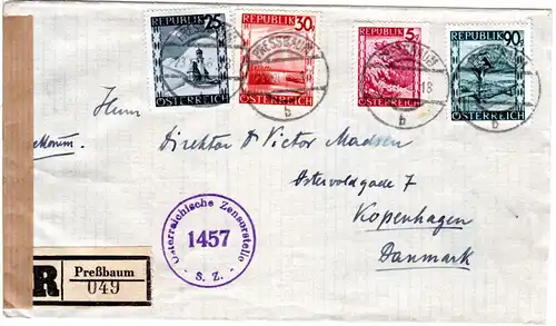 Österreich 1946, 4 Marken auf Einschreiben Zensur Brief v. Preßbaum n. Dänemark