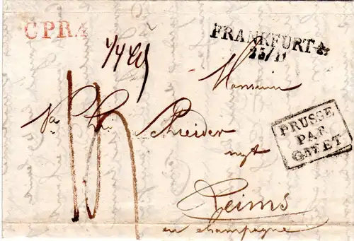 Preussen 1828, L2 Frankfurt A/O. u. rot CPR.4 auf Portobrief n. Frankreich