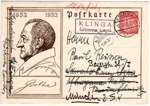 DR 1932, KLINGA Grimma Land, Landpost Stpl. auf Ganzsache i.d. Schweiz u. retour