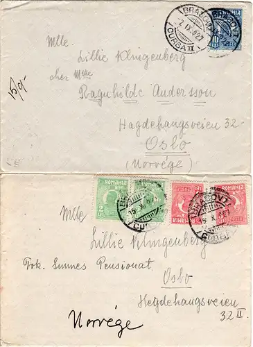Rumänien 1927, 2 Briefe v. BRASOV n. Norwegen.