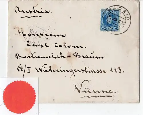 Spanien 1906, 25 C. auf Brief v. Madrid n. Österreich m. rücks. royalem Siegel