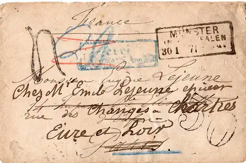NDP 1871, Feldpost Brief v. Münster m. Porto Nachsendung in Frankreich