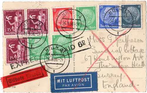 DR 1936, 9 Marken auf Luftpost Eilboten Postkarte v. Köln n. GB