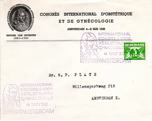 NL 1938, Brief m. van Deventer Gynäkologie + Geburtshilfe Kongress Sondertstpl.