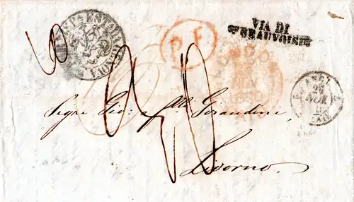 GB 1850, roter LONDON PAID u. andere Stpl. auf Porto Brief n. Livorno Italien