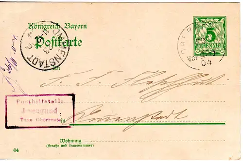 Bayern 1904, Posthilfstelle JRSENGUND Taxe Oberreute auf 5 Pf. Ganzsache