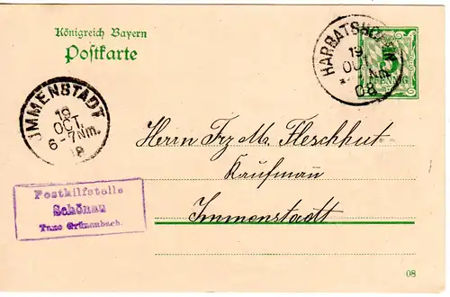 Bayern 1908, Posthilfstelle SCHÖNAU Taxe Grünenbach auf 5 Pf. Ganzsache