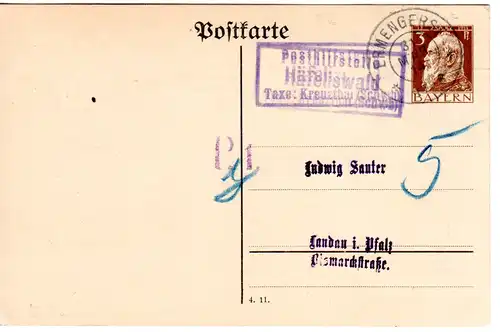 Bayern 1914, Posthilfstelle HÄFELISWALD Taxe Kreuzthal auf Privatganzsache