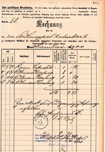 Bayern 1900, Rechnung Telegramm u.Telefongebühren, Postformular m. K1 Kulmbach 2