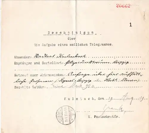 Bayern 1919, Telegramm - Postformular m. K1 Kulmbach 2b