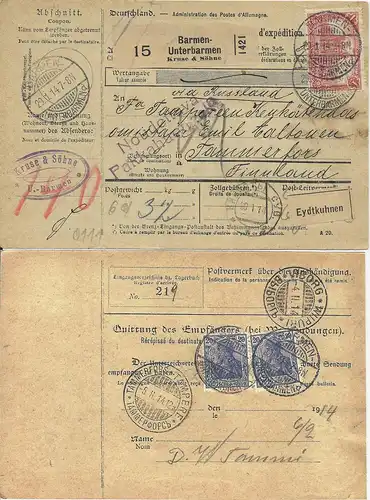 DR 1914, 1 Mk.+2x20 Pf. rs. auf Paketkarte v. Barmen n. Finnland