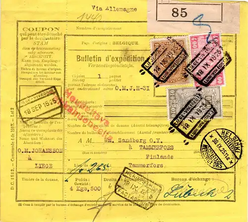 Belgien 1925, 3 Eisenbahn Paketmarken auf Frachtbrief v. Liege n. Finnland.