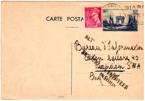 Frankreich 1940, Ganzsache v. Biarritz n. GB m. L2 RETOUR...INADMIS