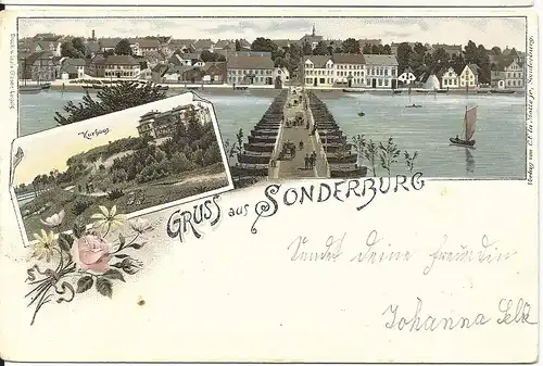 Gruß aus Sonderburg, 1898 gebr. Litho AK n. Flensburg. Heute Dänemark