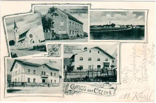 Gruss aus OTZING m. Gasthaus, Pfarrhof, Warenhandlung, 1903 gebr. sw-AK