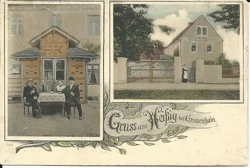 Gruss aus Weißig b. Grossenhain, 1906 gebr. Farb-AK m. Bäckerei u. Personen.