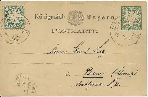 Bayern 1878, 5 Pf. WZ "weite Welle" auf Ganzsache v. München i.d. Schweiz. #1247