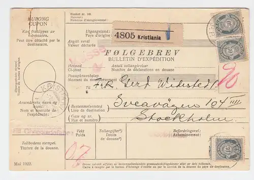 Norwegen 1924, MeF 3x 30 öre auf Auslands Paketkarte n. Schweden. #2389